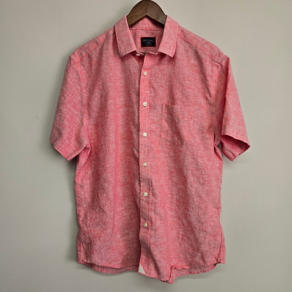 UNTUCKit Cameron Shirt Men Large Red Linen Short Sleeve Wrinkle Resistant Preppy